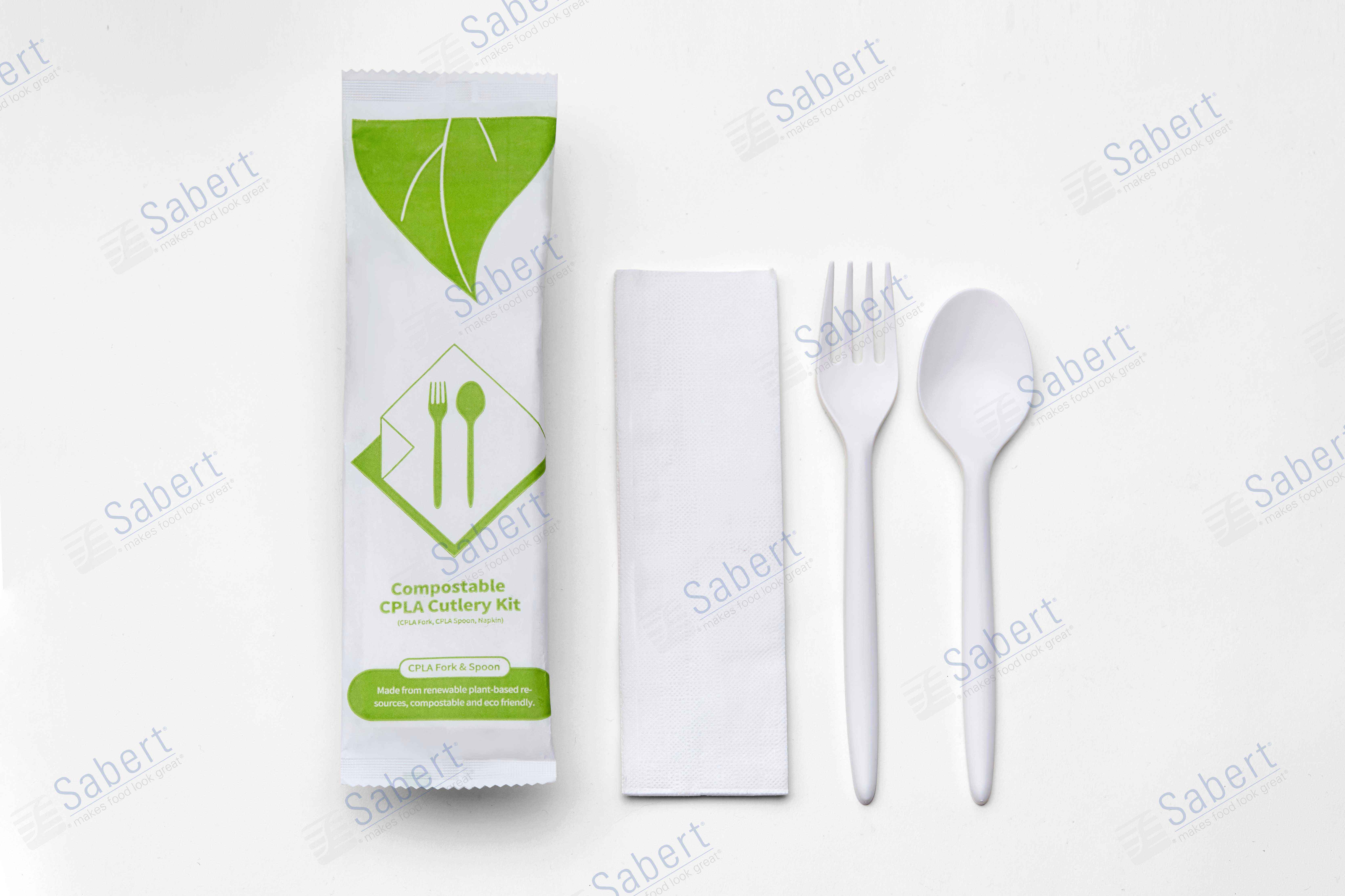 Compostable CPLA Cutlery Kit 3 in 1 (CPLA Fork, CPLA Spoon, Napkin) - white paper pack